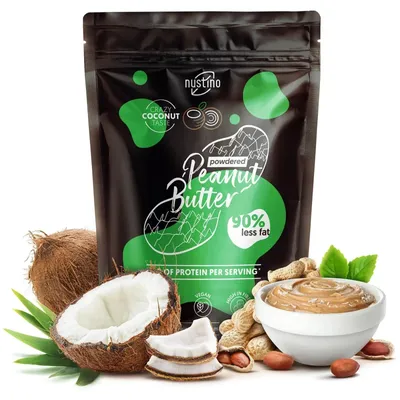 Produktbild von Nustino - Erdnussbutter Pulver Kokos 400g - 90% Weniger Fett - Proteinreich - Mit echten Kokosraspeln - Ohne Zucker- Ohne Palmöl - Ideal für Backen