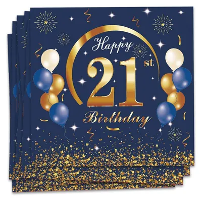 Image de Serviettes en papier, 21 ans, bleu et or, 20 pièces, 16,5 cm, carrées, jetables, décoration pour fête