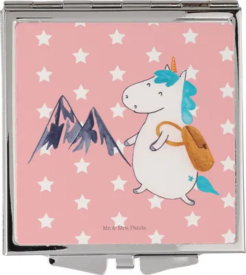 Produktbild von Mr. & Mrs. Panda Schminkspiegel Einhorn Bergsteiger - Rot Pastell - Geschenk, Taschenspiegel, Kleiner Spiegel, Faltspiegel, Weltenbummler, Einhörner, Urlaub, Unicorn