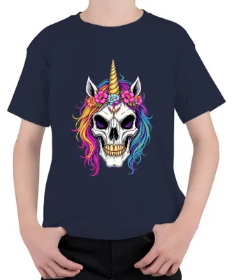 Obrázek produktu pro Tričko s motivem jednorožce, lebky, barevné hřívy, květinové koruny, rohu, gotického stylu, vhodné na Halloween, modré barvy, velikost 116