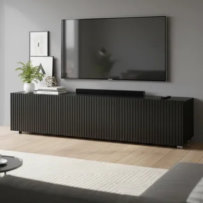 Produktbild von RAVIO TV Lowboard Kolder 150 cm RTV Schrank hängend oder stehend HiFi Schrank mit geriffelte Fronten (Schwarz)