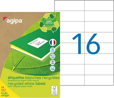 Zdjęcie produktu dla agipa recycling etykiety uniwersalne 105 x 37 mm białe 1 600 etykiet