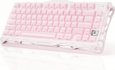 A pink and white mechanical keyboard is shown from a diagonal angle against a white background.