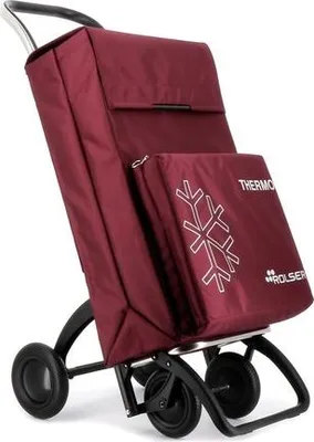 A burgundy shopping trolley with four wheels.