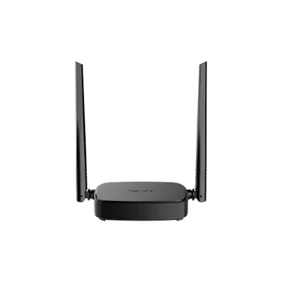 A black wireless router with two antennas is shown against a white background.
