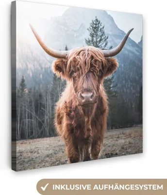 Produktbild von MuchoWow® - Leinwandbilder - Schottischer Hochländer - Kuh - Tiere - Berg - Natur, Wandbild, Wanddeko Bilder Wohnzimmer, 90x90cm