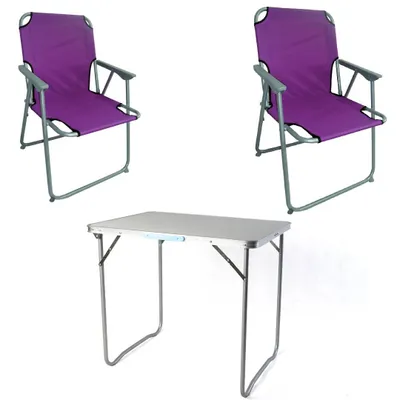 A set of camping furniture including two purple chairs and a foldable table, presented on a white background.