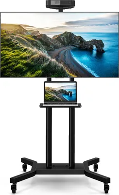 A black rolling TV stand with a large screen displaying a landscape image and a laptop on a shelf below.