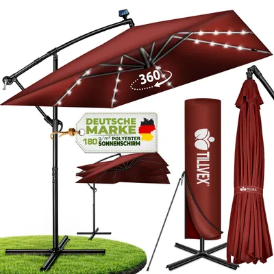 Produktbild von tillvex® Alu Sonnenschirm Rechteckig Ø 330 cm mit LED Solar Navy-Blau + Abdeckung mit Kurbel | Ampelschirm mit Ständer | Gartenschirm UV-Schutz, wasserdicht, 360° drehbar | Kurbelschirm Marktschirm, KI-generiertes Bild