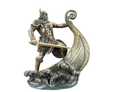 Produktbild von Wikinger auf Langboot Handbemalte DEKORATION Bronze-Skulptur Nordischer Krieger mit Schwert & Schild Edle Dekofigur Mythologie & Geschenk WU77655A4