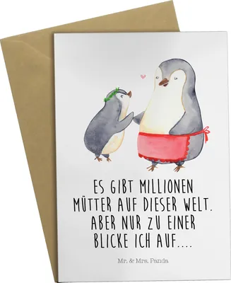 Produktbild von Mr. & Mrs. Panda jubiläumskarte Pinguin mit Kind - Weiß - Geschenk, dankeskarten, Muttertag, Vorbild Mama, einladungskarten, weihnachtskarten, osterkarte, Mutter, Familie