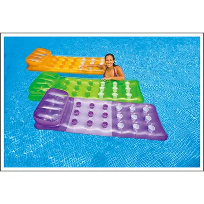 Produktbild von INTEX Luftmatratze Schwimmliege, Vinyl, 188 x 71 cm, farbig sortiert, integriertes Kissen, 2 Luftkammern, Getränketaschen, inkl. Reparaturflicken, Coil-Beam, 80kg
