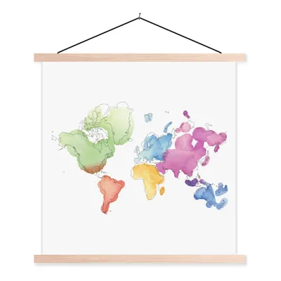 Produktbild von MuchoWow® Textilposter Weltkarte - Wasserfarben 60x60 cm mit holzfarbenen Rahmen - Wanddekoration