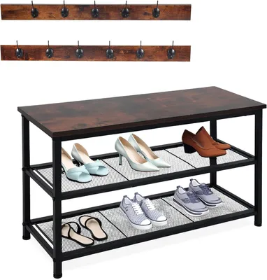 Image de Porte-chaussures avec patères - 6 paires - 45x80x30 cm - Avec crochets - Style industriel - Noir et marron