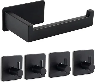 Immagine prodotto di Portarotolo, senza foratura, portarotolo autoadesivo, portarotolo in acciaio inossidabile con 4 ganci per asciugamani per cucina e bagno, nero