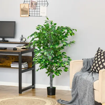 Produktbild von Künstlicher Ficus 135 cm, Kunstbaum mit Metalldrähten formbar, Kunstpflanze Kunststoff, Grün | 15 x 15 cm | 4,5 kg | Zementtopf