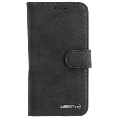 A black leather flip case for a smartphone, shown closed and lying flat against a white background.