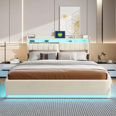 A modern bedroom with a beige double bed, featuring integrated lighting and bedside tables.
