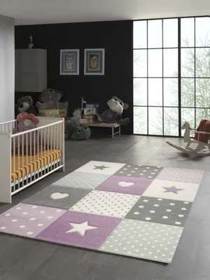 Produktbild von Kinderteppich mit Stern Herz in Lila Grau Creme Größe - 200 x 290 cm