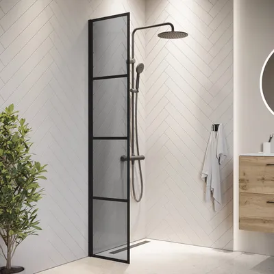 Produktbild von Duschwand Essos 40 x 200cm - Grauglass - Glas Duschabtrennung Schwarz - Walk-In Dusche Nano Duschtrennwand