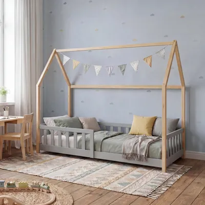 Produktbild von Hausbett ‘Hesel’ für Kinder mit Rausfallschutz 90 x 200 cm Kiefernholz Grau/Natur