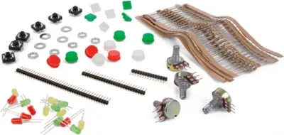 Produktbild von Whadda Kit mit Zubehör, mit 210 Widerständen, LEDs, Potentiometern und Druckknöpfen in einer