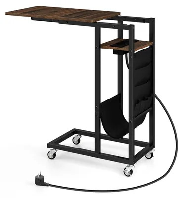 Image de Table d'appoint en forme de C avec station de charge et poche de rangement