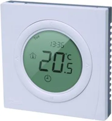 A digital thermostat with a green display showing the current temperature and time.