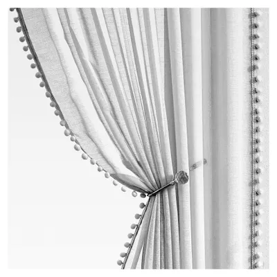 Produktbild von Boho-Gardinen aus transparentem Voile mit Pompons und Quasten, Ösenvorhang für Wohnzimmer und Schlafzimmer, Grau, 140 x 225 cm, 2er-Set