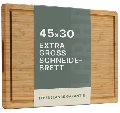 Produktbild von Schneidebrett aus Bambus mit Griff und Saftauffangrinne - 44,5 x 30 x 2 cm