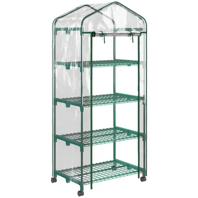 A four-tier greenhouse shelf unit with a clear plastic cover.