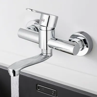 Produktbild von Wasserhahn Wandmontage, 360° Drehbare Edelstahl Wasserhahn Küche Wandarmatur, Kalt und Heiß Einhebelmischer Küchenarmatur Wandmontage, Mischbatterie Küche für Wandmontage, Schwenkarm 15cm, Chrom