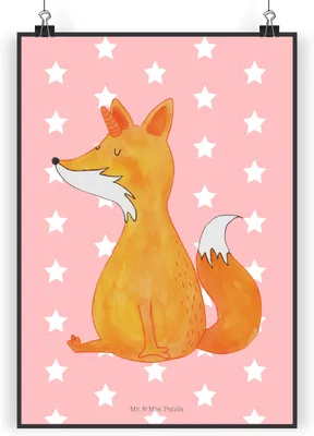 Produktbild von Mr. & Mrs. Panda Bild Einhorn Fuchs DIN A4 - Rot Pastell - Geschenk, Unicorns, Wandbild, wanddeko, drucke, Plakat, Unicorn, Füchse, Fuchshörnchen, kunstdruck poster