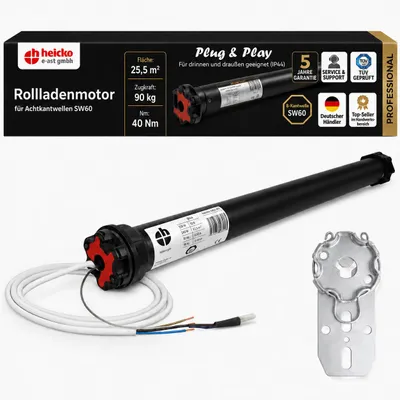 Produktbild von heicko Pro Rollladenmotor 40 Nm SW60 Rohrmotor, Plug & Play, 90 kg Zugkraft, bis 25,5 m², KI-generiertes Bild