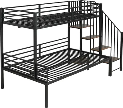 Produktbild von okwish Etagenbett 90x200cm&120x200cm mit Eckleiterschrank,Jugendbett mit Stauraum,Kinderbett Schwarz,Eisenbett Bettgestell für Kinder