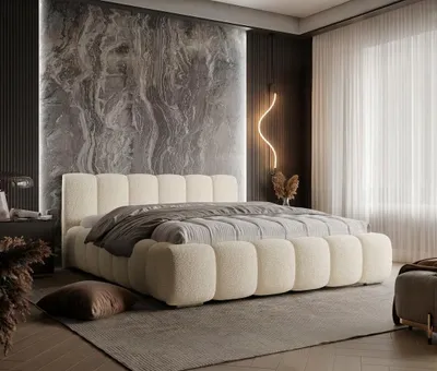 Produktbild von Polsterbett mit Bettkasten MILANO / Lambi 2 Creme / Schlaffläche 160 cm x 200 cm / Metallrahmen / Bett mit gepolstertem Kopfteil/ Bouclé, KI-generiertes Bild