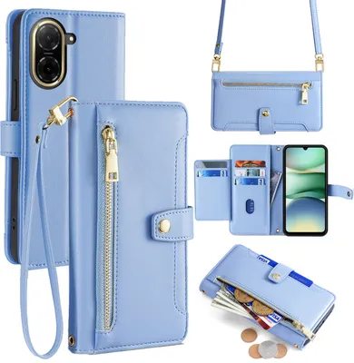 Produktbild von Handykette Hülle für Xiaomi Redmi A5 mit Band Handyhülle Kartenfächer Kunstleder Umhängetasche in Hellblau