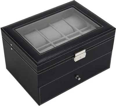 Obrázek produktu pro Elegantní šuplíková prosklená kazeta na 20 kusů hodinek. Barva černá.