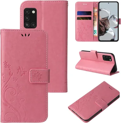 Produktbild von Handyhülle für Samsung Galaxy A31 Floral Blumen Schmetterling Flip Cover Hülle Case Klapphülle Handytasche Farbe: Rosegold