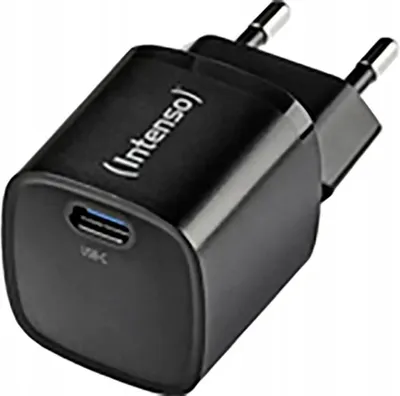 A black Intenso brand USB-C power adapter with European plug prongs.