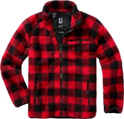 A red and black plaid fleece jacket.