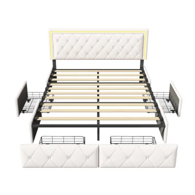 Produktbild von CDGlobal Bett 160 x 200 cm, Polsterbett, Doppelbettgestell, LED, Bettgestell, Metallbett, 4 Schubladen, Ladestation, verstellbares gepolstertes Kopfteil, Beige