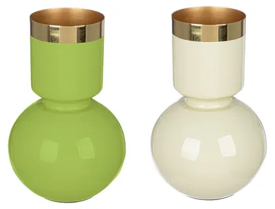 Imagen del producto de Jarrón Gilde, modelo "Roro", metal, color crema y verde, altura 28 cm, diámetro 17 cm. Código: 4063387551141. Paquete de 2 unidades (variedad de colores)