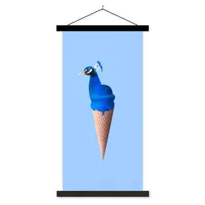 Produktbild von MuchoWow® Textilposter Pfau - Eistüte - Eiscreme - Blau - Vogel 60x120 cm mit schwarzem Rahmen - Magnete