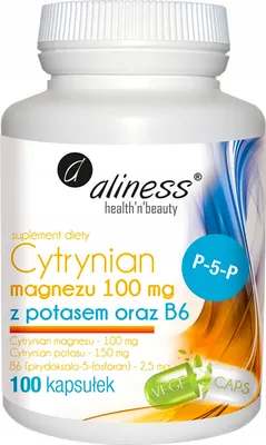 Productafbeelding van ALINESS Magnesiumcitraat 100 mg met kalium 150 mg en vitamine B6. MAGNESIUM, KALIUM, 100 capsules.