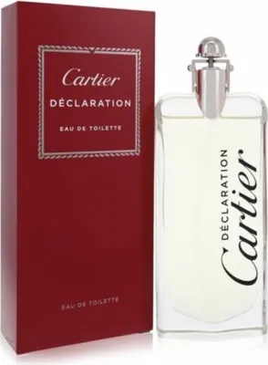 A red box and a clear bottle of Cartier Declaration Eau de Toilette for men.
