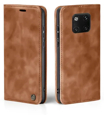 A brown leather flip case for a smartphone is shown from two angles.