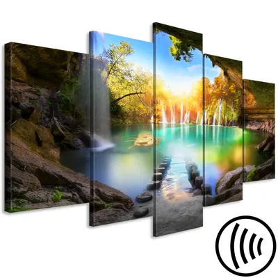 Produktbild von Akustikbild Landschaft Grotte 200x100 cm Bilder Akustikschaum Hochleistungsschallabsorber Schallschutz Leinwand 5 tlg Wandbild Raumakustik Schalldämmung Wasserfall c-A-0127-b-m