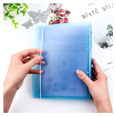 Produktbild von A5 Ringbuchumschlag mit 6 Ringen aus transparentem, weichem PVC, nachfüllbare Notizbuchhülle mit matter Oberfläche für die Aufbewahrung von Stempel- und Stanzenvorlagen (blau)