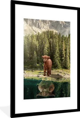 Produktbild von MuchoWow® MuchoWow® Gerahmtes Poster Schottisches Hochlandrind - Kalb - Bäume 60x90 cm - Poster mit zchwarzem Bilderrahmen - Dekoration - Wandposter Wohnzimmer - Hochwertig
